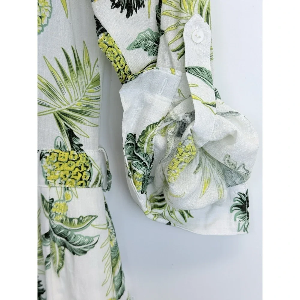 Skies Are Blue Women's Size M Pineapple‎ Leaves Print Dress Roll-up Sleeve Lined - Picture 4 of 9